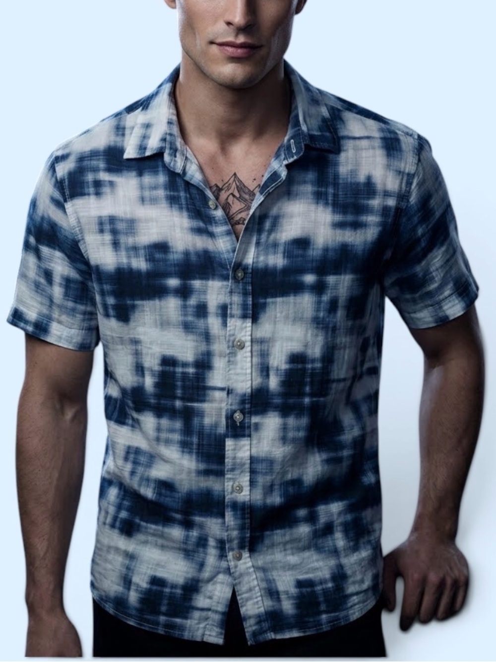 Banana Republic Linen Blue White Tie Dye Button Down Short Sleeve Shirt Slim Med